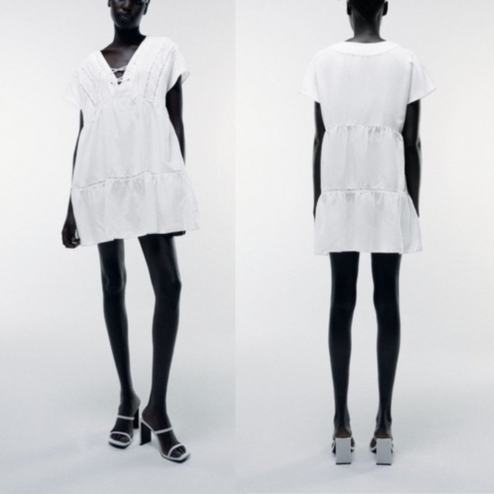 Zara Linen Blend White Tiered Babydoll MIni Dress Size M